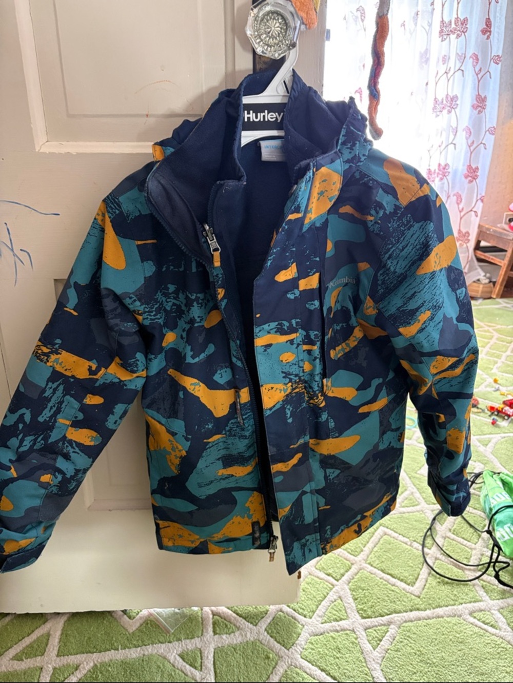 Hurley Kids' Navy Teal & Mustard Patterned Raincoat